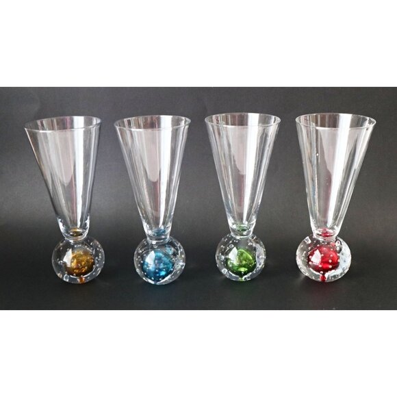 Vintage Handblown Glass Champagne Flutes - Set Of 4 With Controlled Bubble Bases - Picture 1 of 8